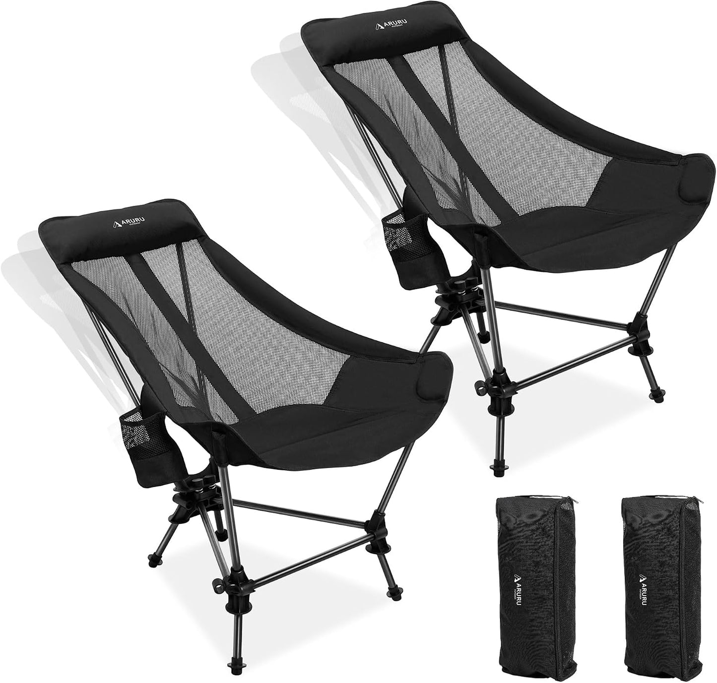 Portable Hammock Camping Chair, Lightweight Folding Beach Lounge Chair with Adjustable Height Legs, Mesh Portable Swing Camp Chair with Cushioned Head Pillow & Armrests for Camping Beach Hiking