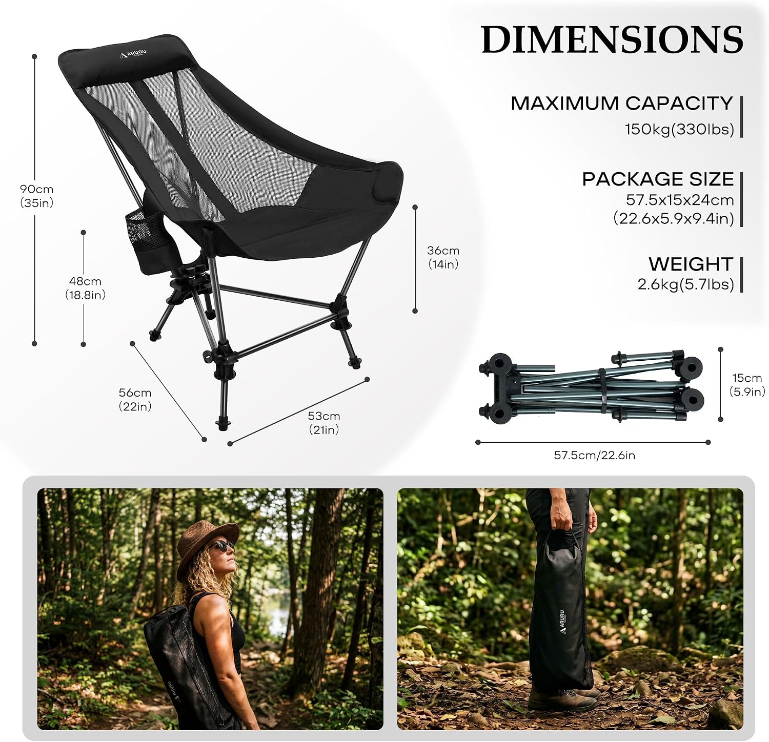 Portable Hammock Camping Chair, Lightweight Folding Beach Lounge Chair with Adjustable Height Legs, Mesh Portable Swing Camp Chair with Cushioned Head Pillow & Armrests for Camping Beach Hiking