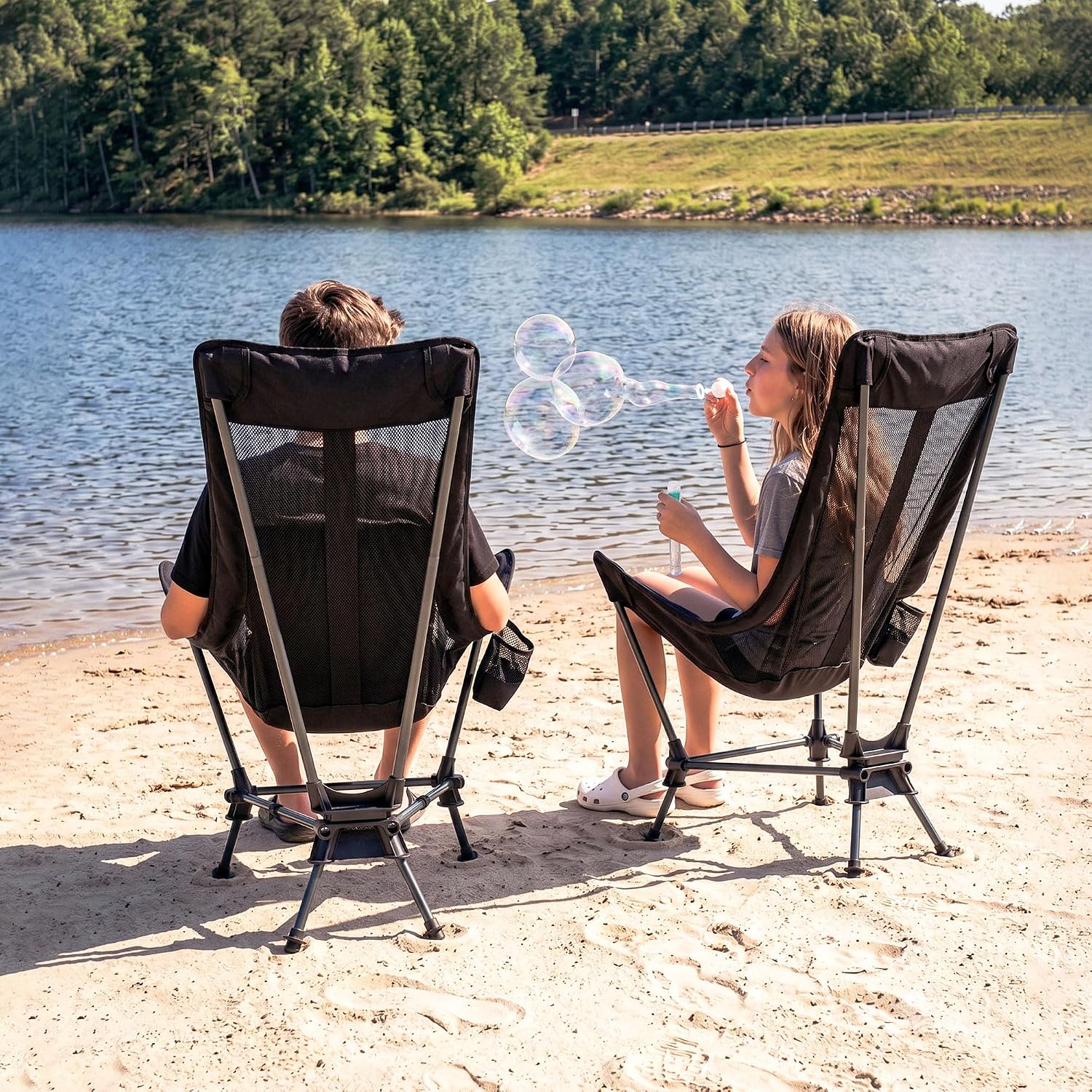 Portable Hammock Camping Chair, Lightweight Folding Beach Lounge Chair with Adjustable Height Legs, Mesh Portable Swing Camp Chair with Cushioned Head Pillow & Armrests for Camping Beach Hiking